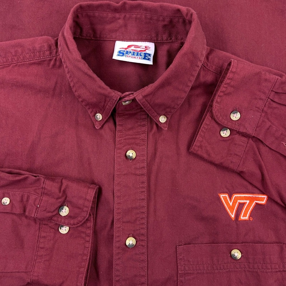 Vintage Virginia Tech Hokies Shirt Men XL Maroon Twill Denim Button Up Y2K 2000s